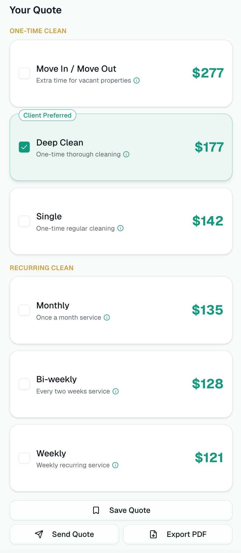 QuoteCleaner Pro workspace showing saved quotes